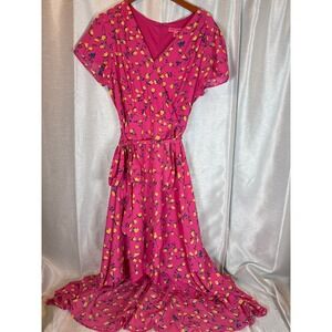 Betsey Johnson Wrap Dress Pink Floral‎ Short Sleeve Midi Tie Waist Women's 14